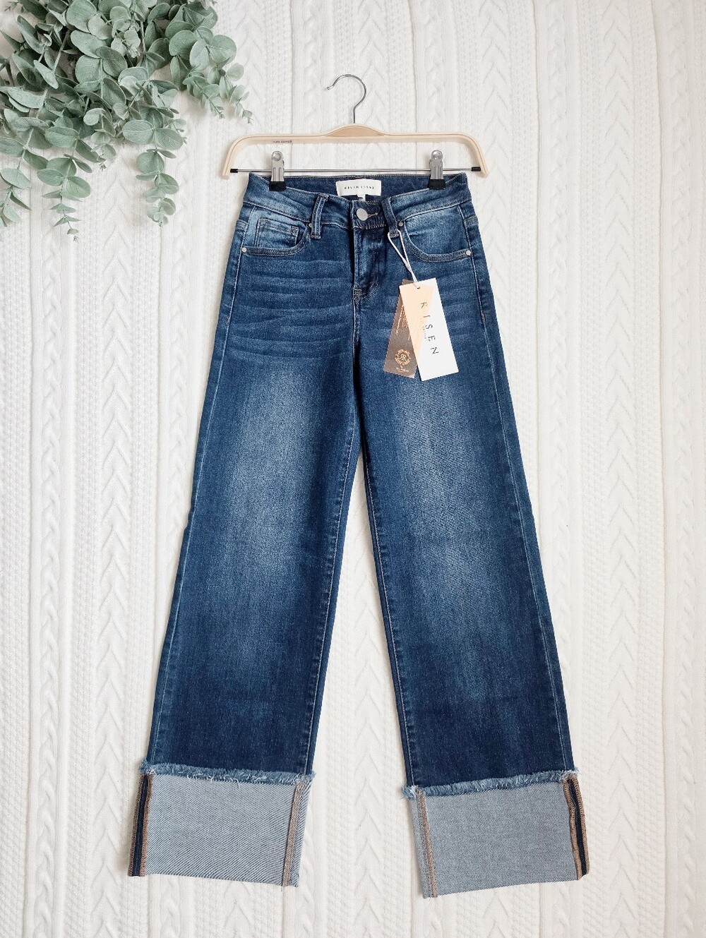 RISEN Women's Slim Wide Leg Jeans Stretch Cuffed Dark Classic Retro Various NEW - Picture 3 of 16